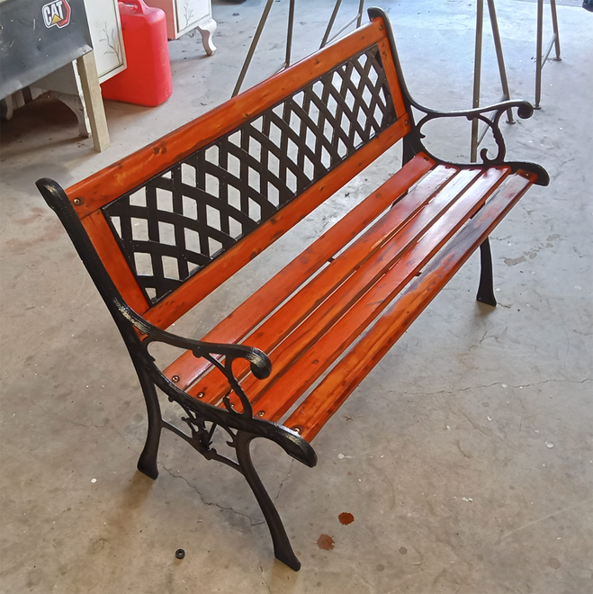 Restored outdoor timber and metal bench refinished in Albany WA.
