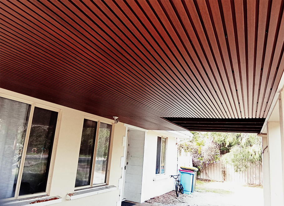 Stained timber ceiling lining completed for covered outdoor area in Albany WA.